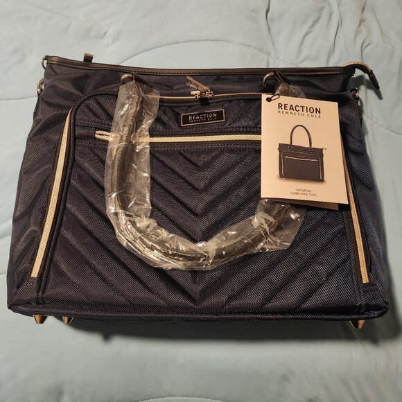 Kenneth Cole Reaction Chelsea Chevron 15-inch Laptop and Tablet Tote Bag Navy - Picture 1 of 3